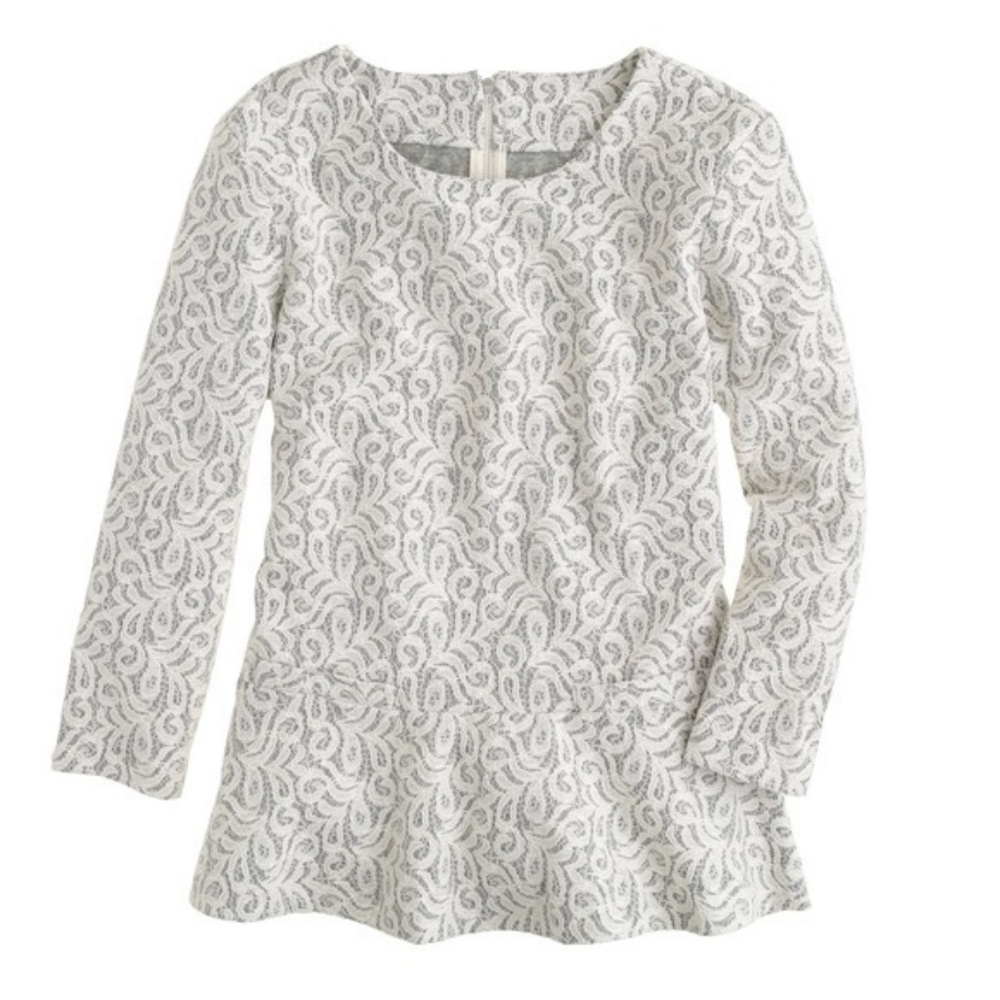 J. Crew gray and white lace peplum long sleeve romantic top